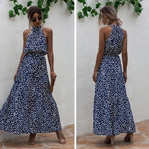 Dresses & Skirts - Royal Blue Polka Dot Tie Waist Maxi Dress